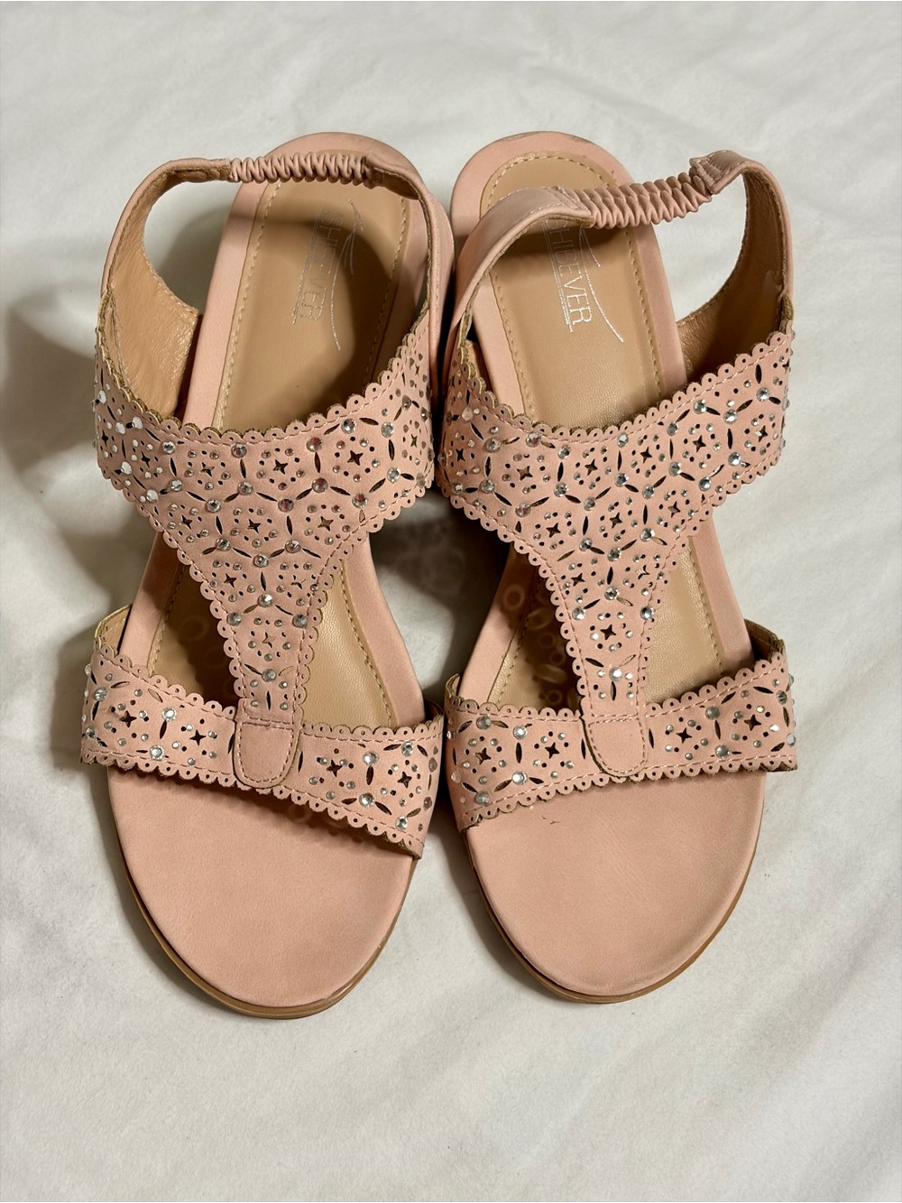 Blush Pink Laser-Cut T-Strap Sandals with Elastic Heel